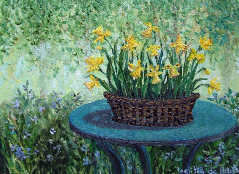 Mandje narcissen  olieverf op paneel  x18 cm.     230 00 zonder lijst 5288
